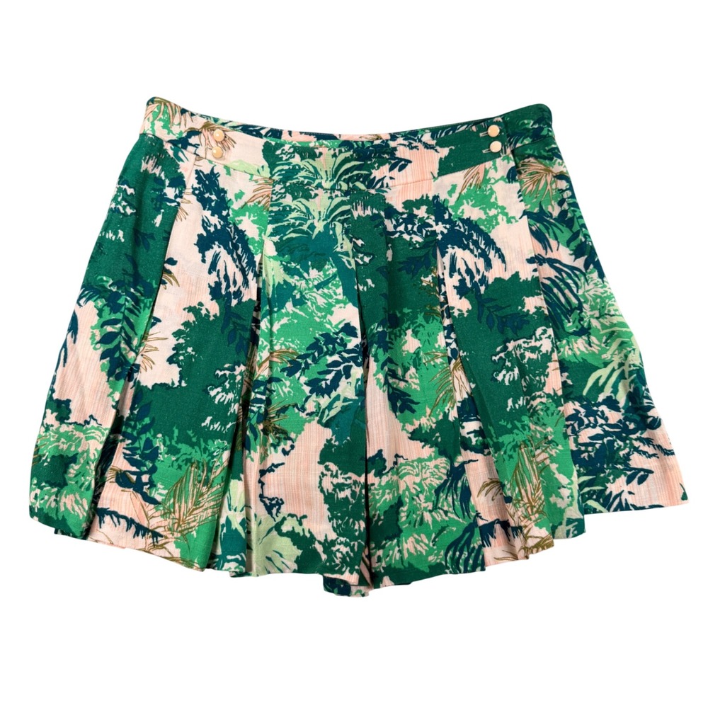 Elevenses Skort Tropical Palm Leaf Rayon 4 Green Peach Anthropologie Summer Boho